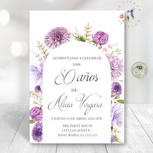 Convite de aniversário espanhol, convite de aniversário espanhol de flor roxa, convite de aniversário espanhol de qualquer idade, convite espanhol roxo, editável