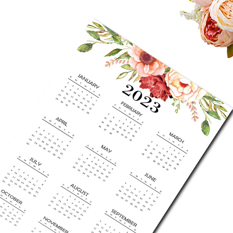 2023 Yearly Calendar 2023 Calendar Floral Calendar 2023 - Etsy