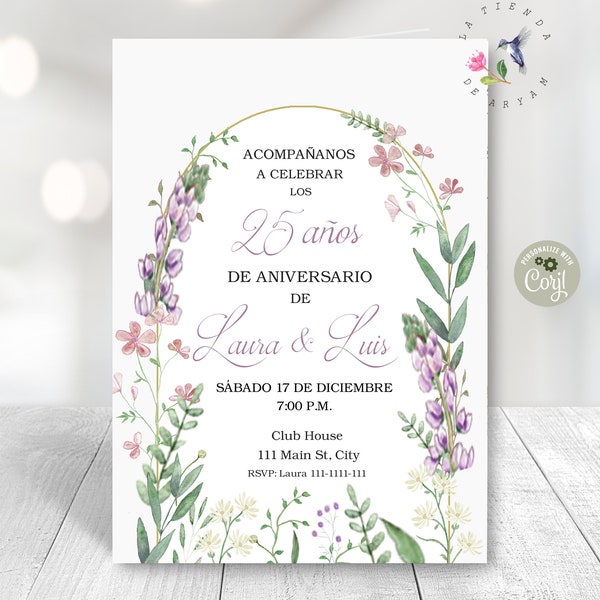 Faire-part d'anniversaire espagnol, anniversaire espagnol fleurs sauvages violettes, invitation anniversaire espagnol, invitation espagnol fleurs sauvages, modifiable