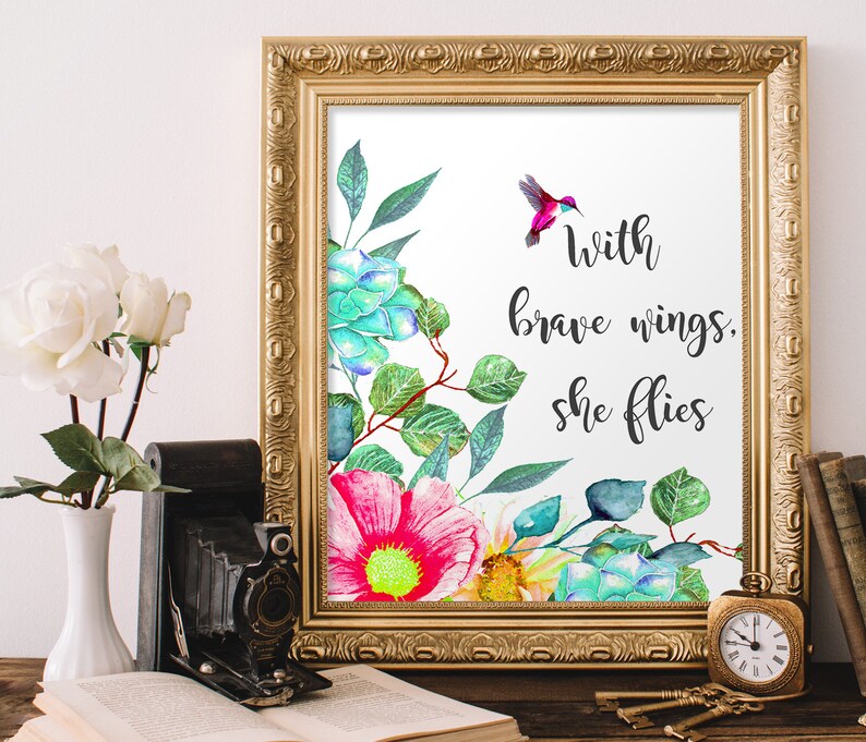 With brave wings she flies Printable girl positive vibe quote Nursery Decor Kidds Room Decor Watercolor Nursery Art Quote Print