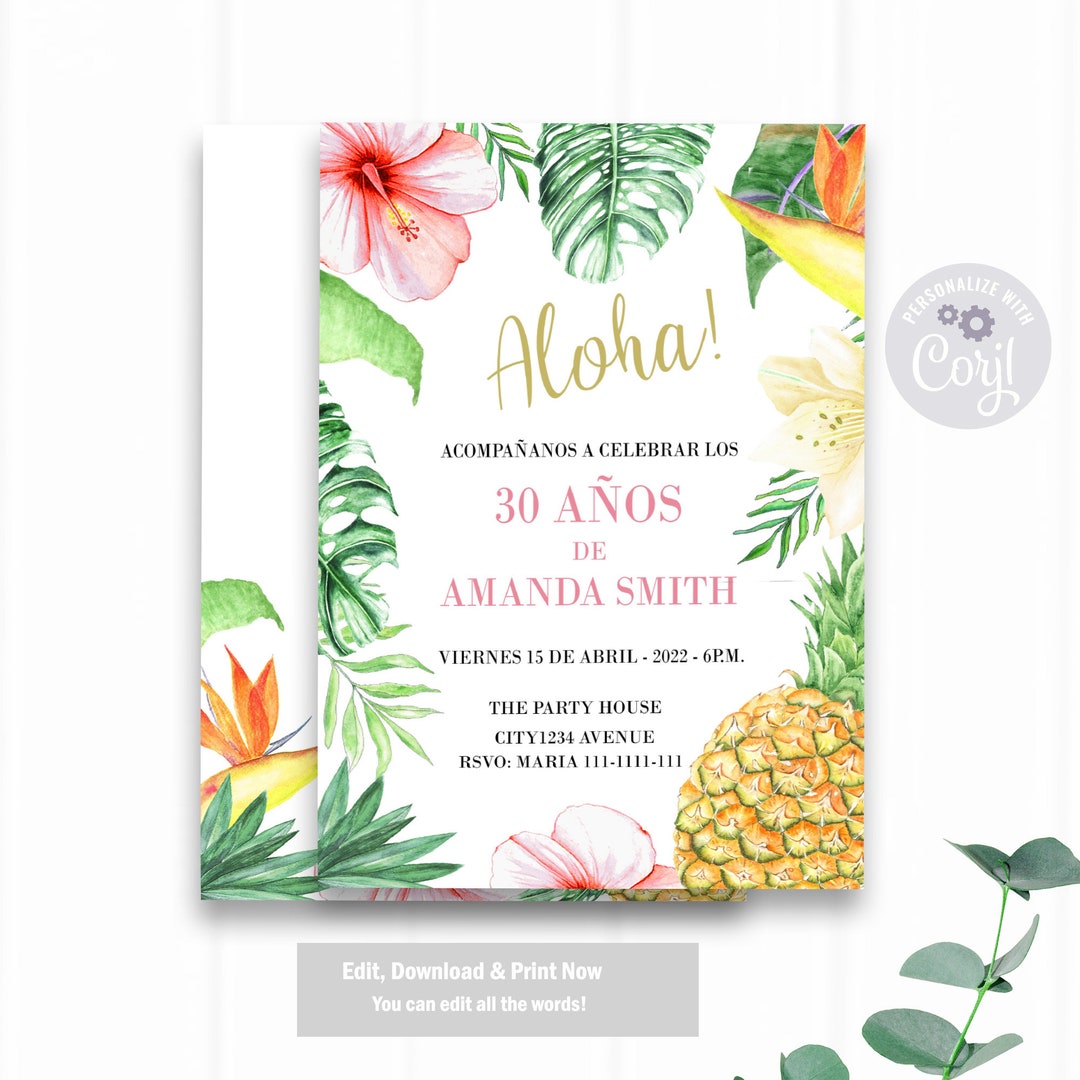 Aloha Spanish Birthday Invitation, Hawaiian Invitations, Tropical