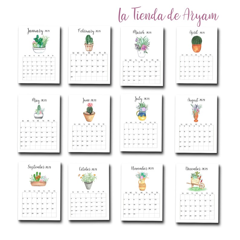 Wall Calendar 2021 Calendar Printable Monthly Cactus and Etsy
