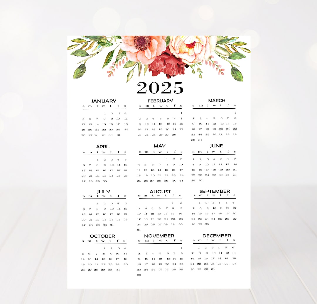 2025 Yearly Calendar, 2025 Calendar, Floral Calendar 2025, Calendar
