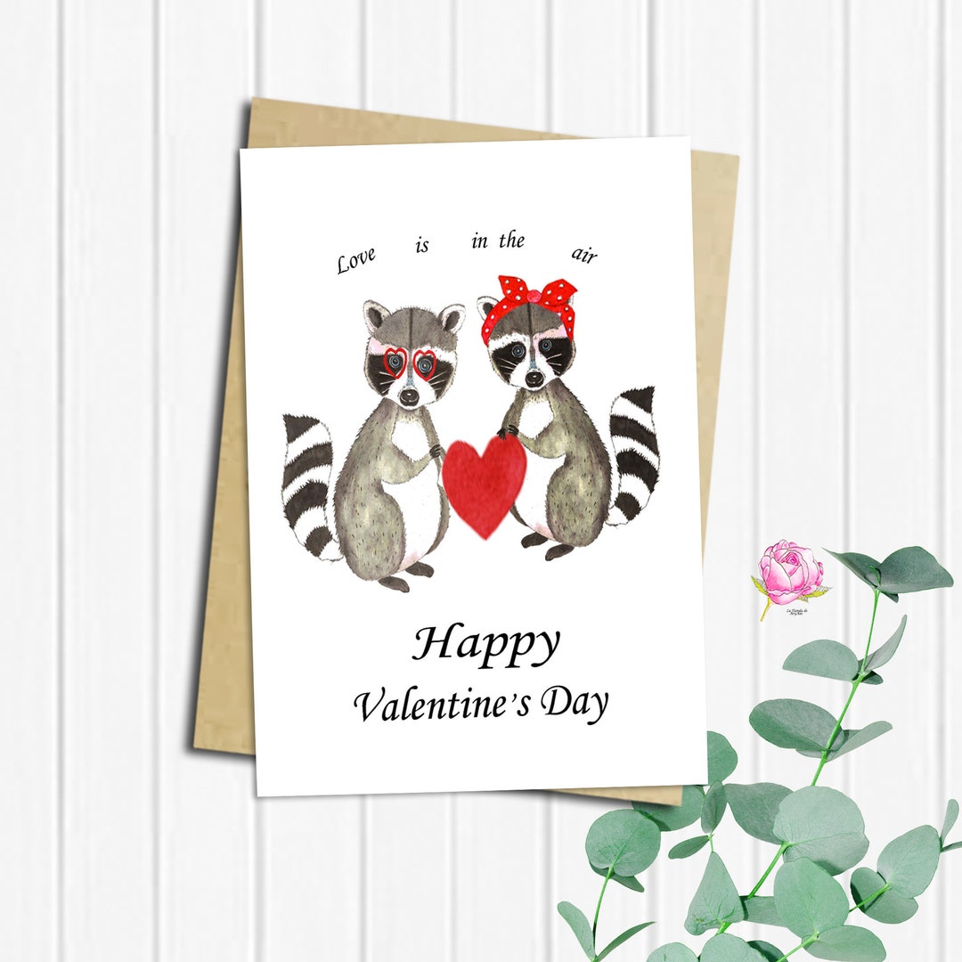 Waschbär Valentinskarte, Valentinstagskarte, Happy Valentinstag