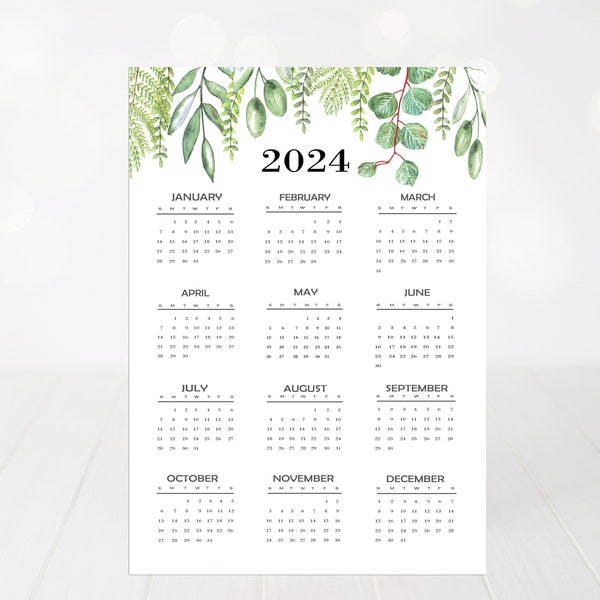 2024 Yearly Calendar, 2024 Year at a Glance Calendar, Calendar Full Page Printable, Calendar printable, Greenery Year Calendar 2024