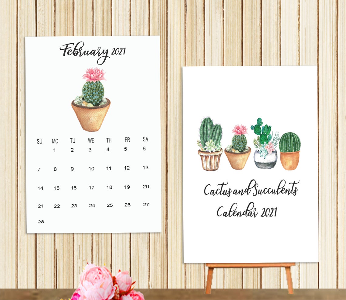 Printable 2021 calendar cactus cactus in pots desk calendar Etsy