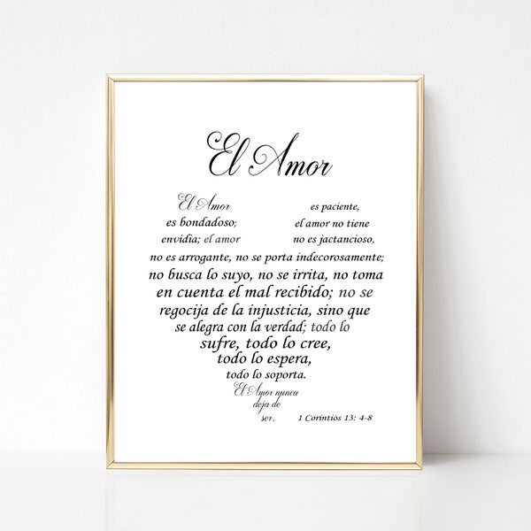 1 Corintios 13:4-8, El Amor es Wall Art, Regalo español de San Valentín, El Amor es Signo de Boda, El Amor Nunca Falla Sign, IMPRIMIBLE