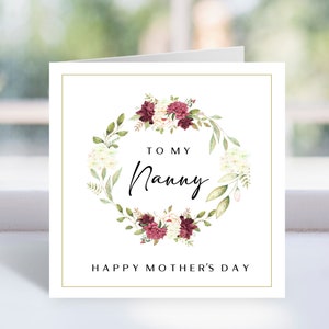 Bonne fête des mères à imprimer, à ma carte de nounou, cadeau pour grand-mère, fête des mères, carte florale de nounou, idée cadeau pour nounou