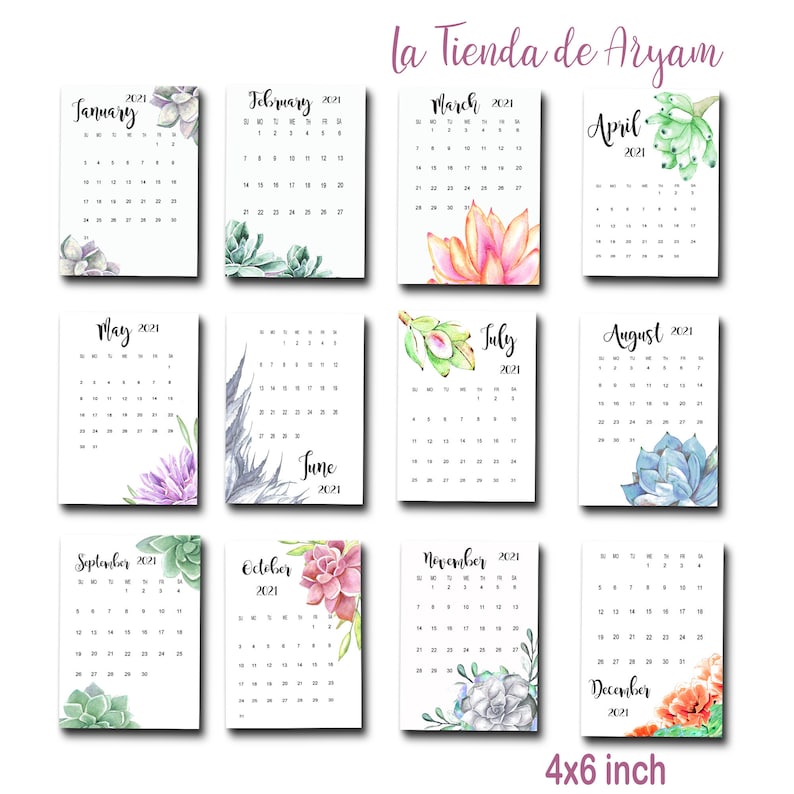 Printable 2021 calendar succulent succulent desk calendar