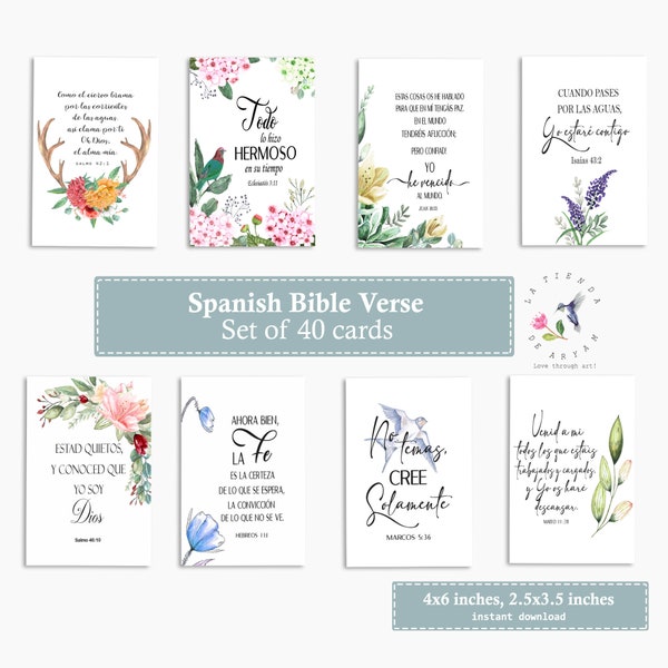 40 étiquettes de versets bibliques espagnols, étiquettes d’art des Écritures, cartes inspirantes de 3,50 « x 2,50 », versets bibliques espagnols imprimables, cartes bibliques espagnoles