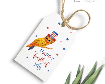 Printable 4th of July Tags, Printable 4th of July Party Favor Tags, Patriotic Owl tag, Memorial Day tag,