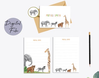 Jungle Animals Stationery Set PRINTABLE, Personalized Stationery, Jungle Animals Notepad, Jungle Animals Stickers Set, Jungle Notecard