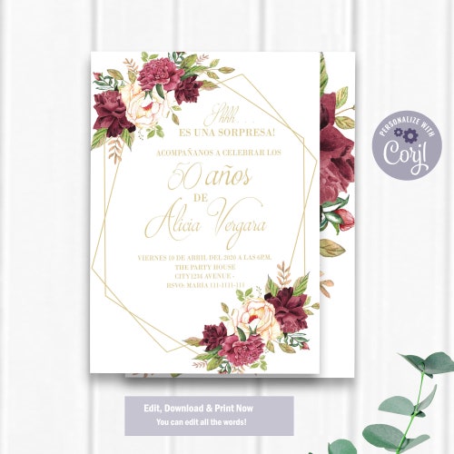 Spanish Birthday Invitation Burgundy Flowers Spanish Etsy
