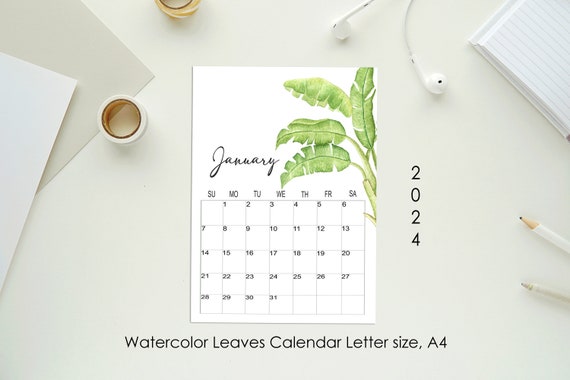 Calendrier 2024 imprimable, calendrier mural 2024, calendrier mural  botanique 2024, imprimable 2024, planificateur de mois mural de feuilles  2024 -  France