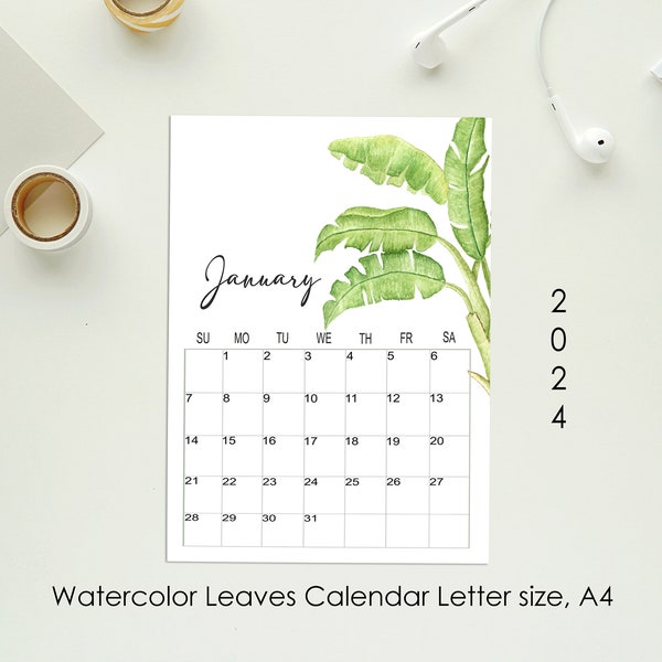 2024 Calendar Printable, Wall Calendar 2024, 2024  Botanical Wall Calendar, Printable 2024, Leaves Wall Month Planner  2024