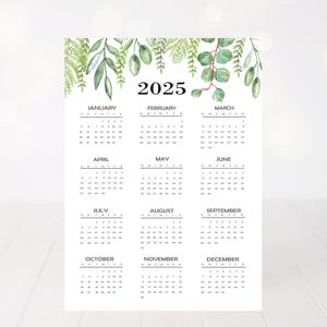 Jaarkalender 2025, jaarkalender 2025 in één oogopslag, kalender paginagrote afdrukbaar, kalender afdrukbaar, jaarkalender groen 2025