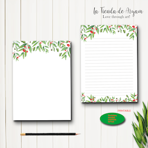 Christmas Leaves and Berries Stationery, Writing Paper, Letter paper, 5x7 notepad,  Card Paper, Printable set, Christmas stationery