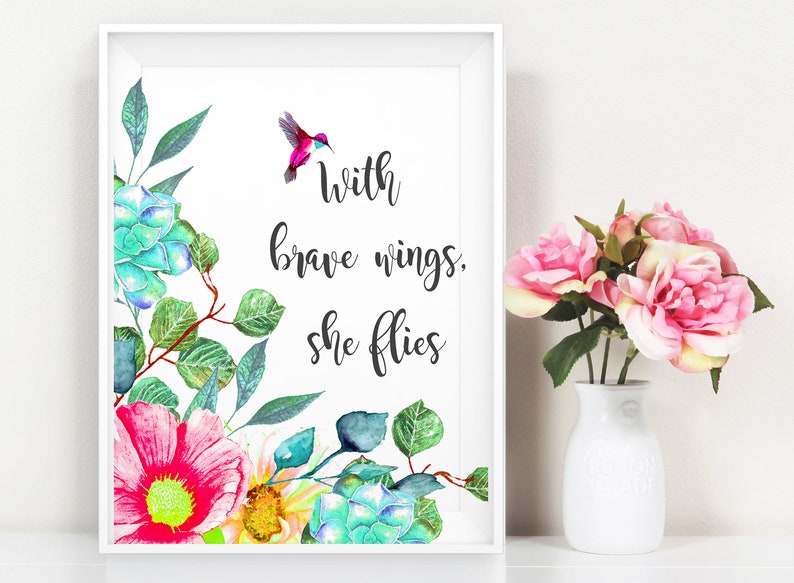 With brave wings she flies Printable girl positive vibe quote Nursery Decor Kidds Room Decor Watercolor Nursery Art Quote Print