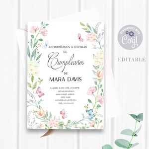 Convite de aniversário de borboleta espanhola para meninas ou adultos, convite de aniversário de flores silvestres, EDITÁVEL, convite de aniversário de jardim espanhol