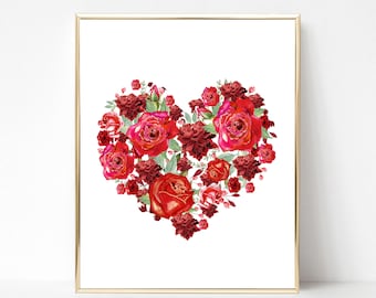 Valentine's Day  Printable Wall Art Valentine's Day Print Valentine Print Valentine Printable Watercolor Heart Valentine Red roses