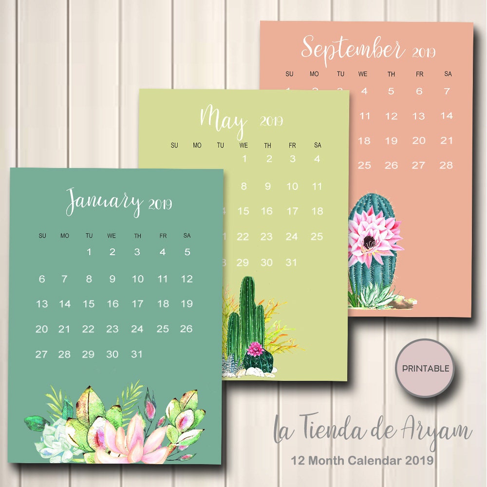 Wall Calendar 2019 Calendar Printable Monthly Cactus Calendar | Etsy