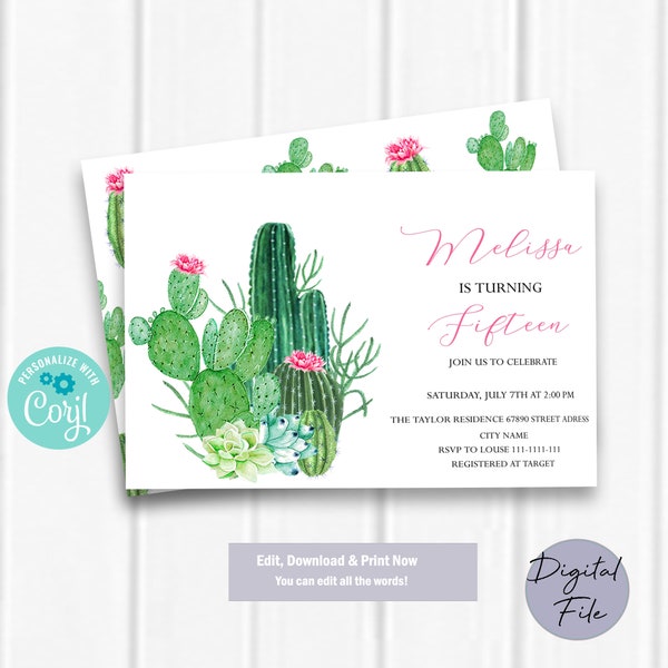 Cactus primera invitación cumpleaños niña, invitación fiesta cumpleaños imprimible, invitación cumpleaños cactus