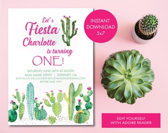 Pink Cactus Fiesta 1st Birthday Party Invitation 5x7