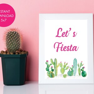 Pink Cactus Let&#39;s Fiesta Party Sign 5x7