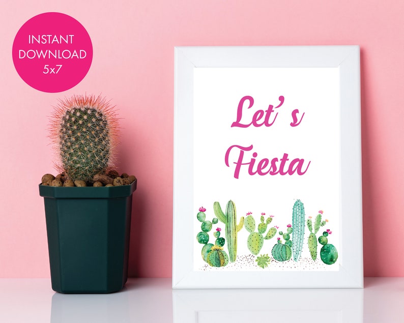 Pink Cactus Let's Fiesta Party Sign 5x7 image 1
