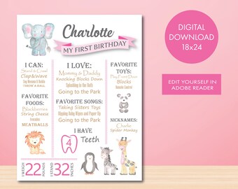 Baby Elephant, Giraffe, Lion and Other Animals 1st Birthday Chalkboard Poster Girl