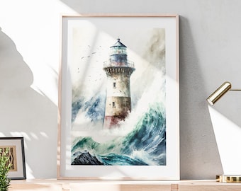 Lighthouse Watercolor Painting, Nautical Printable Wall Art, Coastal Watercolor Print, Coastal Decor, Beach House Decor