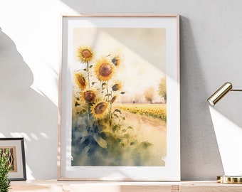 Sunflowers Field Print, Floral Watercolor Wall Art, Rustic Printable Painting, Sunflower Digital Print