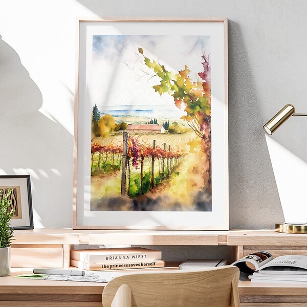 Vineyard Painting, Printable Watercolor, Countryside Landscape Art Print, French Country Decor, Bourgogne