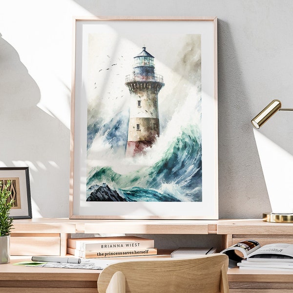 Lighthouse Watercolor Painting, Nautical Printable Wall Art, Coastal Watercolor Print, Coastal Decor, Beach House Decor