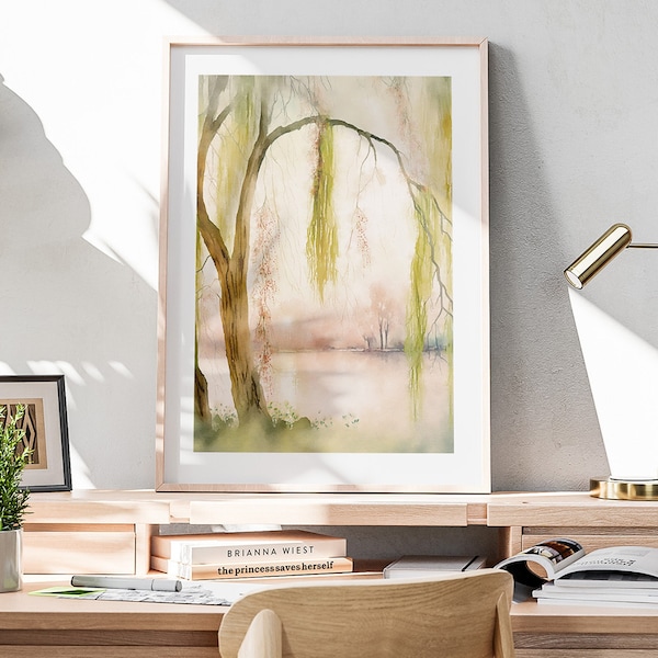 Weeping Willow Tree Printable Wall Art, Willow Tree Watercolor, Lake House Decor, Tree Painting, Digital Download