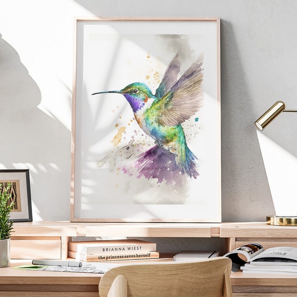 Hummingbird Watercolor Painting, Printable Flying Hummingbird, Tropical Bird Wall Art, Nursery Bird Digital Print