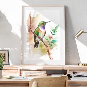 Hummingbird Watercolor, Printable Wall Art, Tropical Bird Art Print, Watercolor Painting, Digital Download