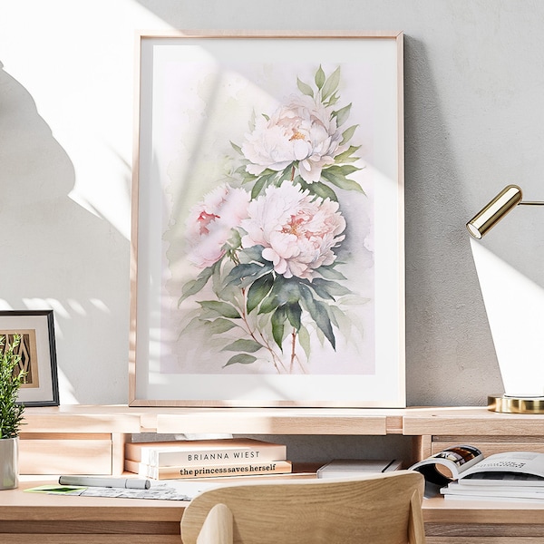 Peony Flowers Art Print, Watercolor Peonies, Printable Floral Wall Decor, Wedding Peonies Print, Instant Download