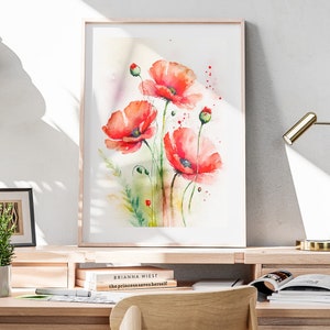 赤いポピーの花束アートプリント、印刷可能な花の水彩画、ポピーの絵画、シャビーシックな壁アート、ダウンロード可能なプリント