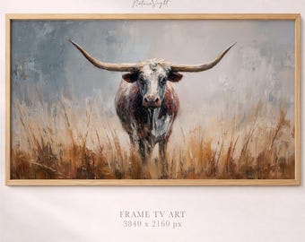 Longhorn Bull Painting Frame TV Art, Rustic Western Landscape, Neutral Ranch Decor