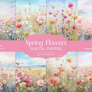 Papel para álbum de recortes de primavera, papel digital floral, fondos de flores, hojas de collage de primavera, decoupage, álbumes de recortes, diario basura, imprimible