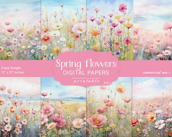 Floral Spring Digital Paper: Flowers Scrapbook Backgrounds (Digital Download)
