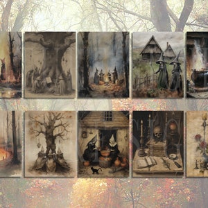 May include: A set of ten digital illustrations featuring a dark, whimsical, and spooky theme. The illustrations depict witches, cauldrons, trees, and other magical elements. The images are rendered in a watercolor style with a muted color palette.