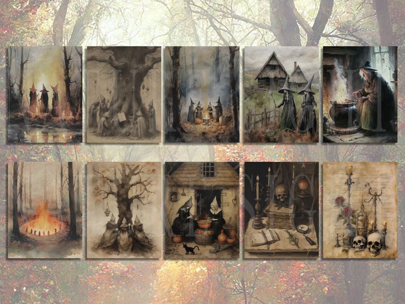May include: A set of ten digital illustrations featuring a dark, whimsical, and spooky theme. The illustrations depict witches, cauldrons, trees, and other magical elements. The images are rendered in a watercolor style with a muted color palette.