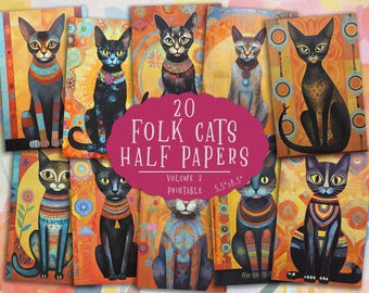 Folk Cat Half Papers | Whimsical Colorful Cats Pack (Digital Download)