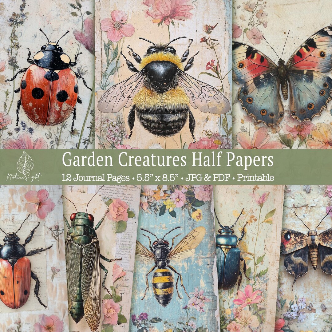 Spring Garden Half Papers, Vintage Insect Botanical Journal Pages ...