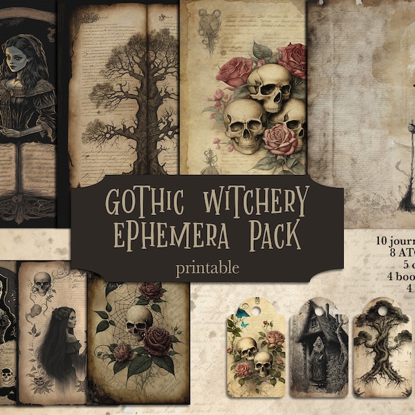 Gothic Witch Ephemera Pack, Gothic Junk Journal, Witchy Journal Pages, Book of Shadows Cards, Pages, Papers, Printable, Scrapbook, Atc, Tags