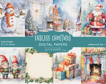 Op de afbeelding: Een set van acht digitale papieren met aquarel illustraties van kerstscènes. De papieren bevatten een sneeuwpop, een open haard, een straat in een dorp, een stapel cadeaus en een kamer met een kerstboom. De papieren zijn 30,48 cm bij 30,48 cm en zijn te printen. De tekst "ENDLESS CHRISTMAS DIGITAL PAPERS" staat op de afbeelding.