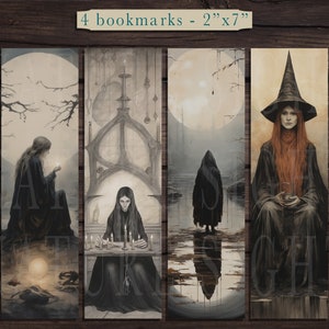 May include: Set of four bookmarks featuring illustrations of women in dark clothing and mystical settings. Each bookmark is 2 inches wide by 7 inches tall.