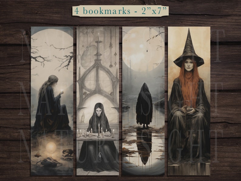 May include: Set of four bookmarks featuring illustrations of women in dark clothing and mystical settings. Each bookmark is 2 inches wide by 7 inches tall.